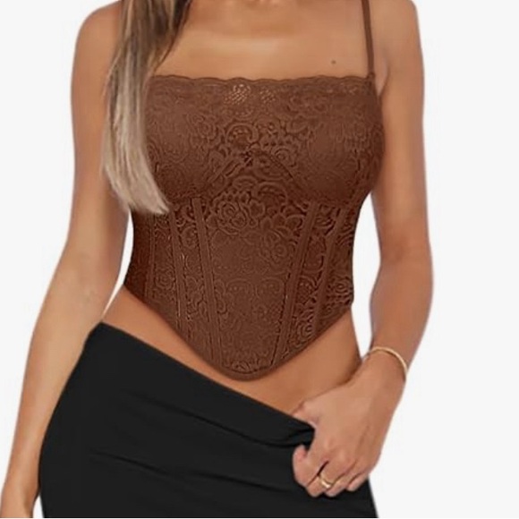 Women’s Trendy Lace Strap Zip Back Boned Bustier Corset Tank With Built In Bra - Picture 4 of 8